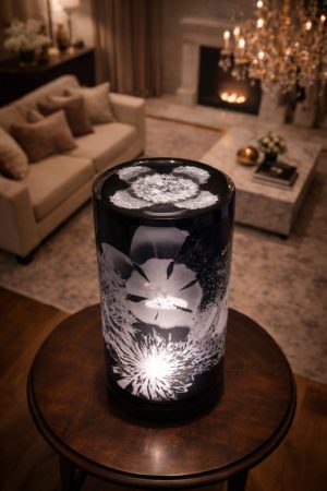 Boutique 10 Veilleuse Totem Pissenlit – Verre Soufflé Lumineux sur Socle Chêne